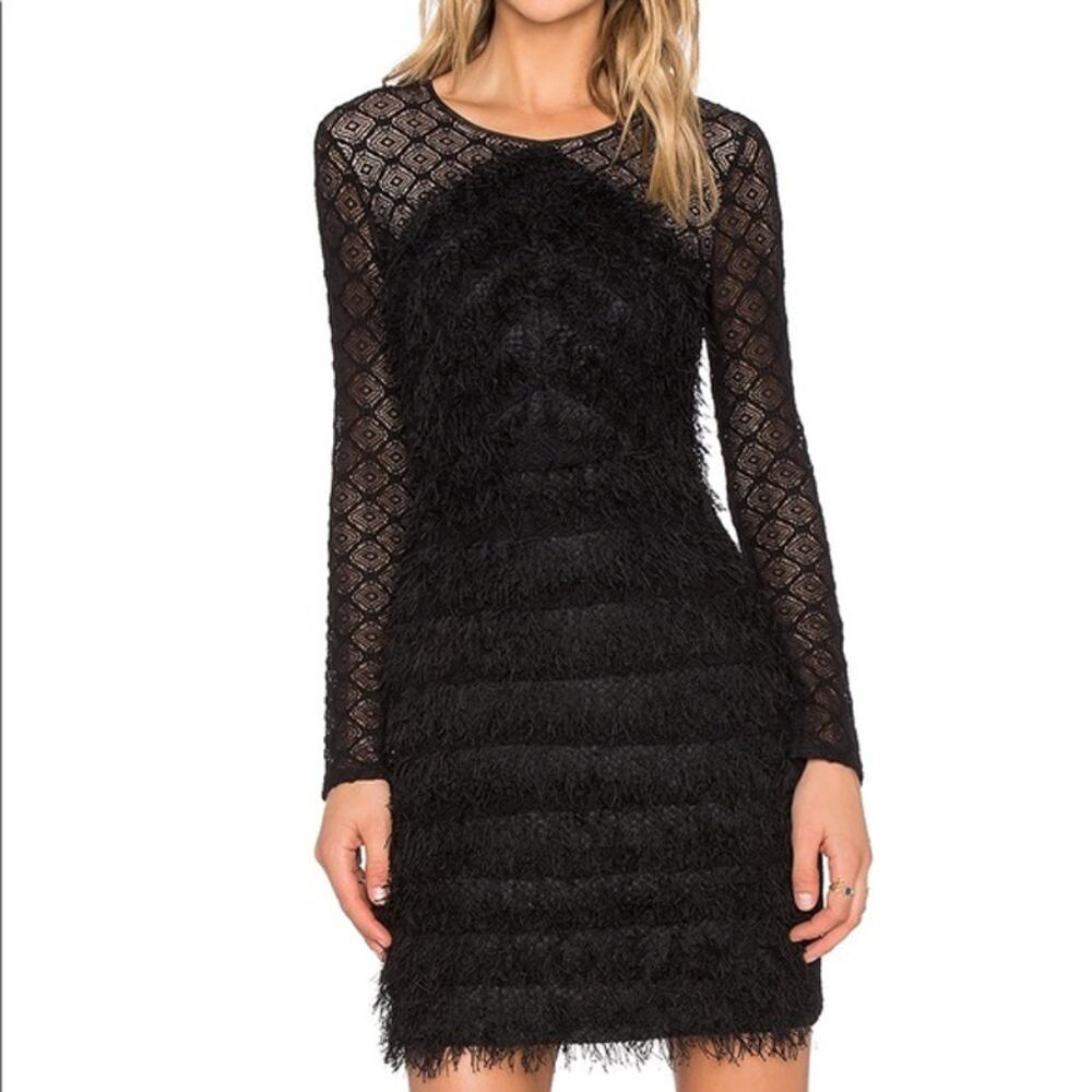 BCBGMAXAZRIA Black Velma Long-Sleeve Stretch Fringe Dress Womens Sz M